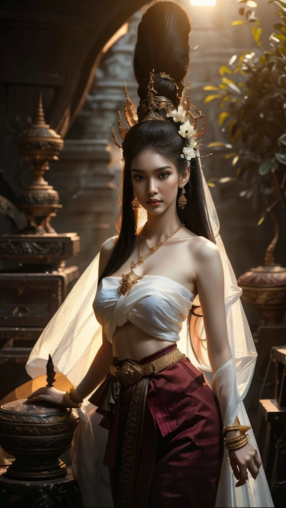 beautiful girl ,Thai women&#39;warrior, walking at thai measure, dynamic poses, Thai Chat Set, Strapless shirt, long hair,black eyes,abdominal muscles, thin body, rounded chest, (big breast:1.3), rift, small thighs, Long legs, morning sun, staring at the audience, (sexy poses), ((face details)), Double eyelids, that is finished, realistic, Masterpiece, Highest quality, lens flare, shade, old measure, measure, [[Chromatic aberration]], By Jeremy Lipking, By Antonio J... Manzanedo, digital painting, HDR, high contrast, Covered in a long thin sash, Beautiful figure,