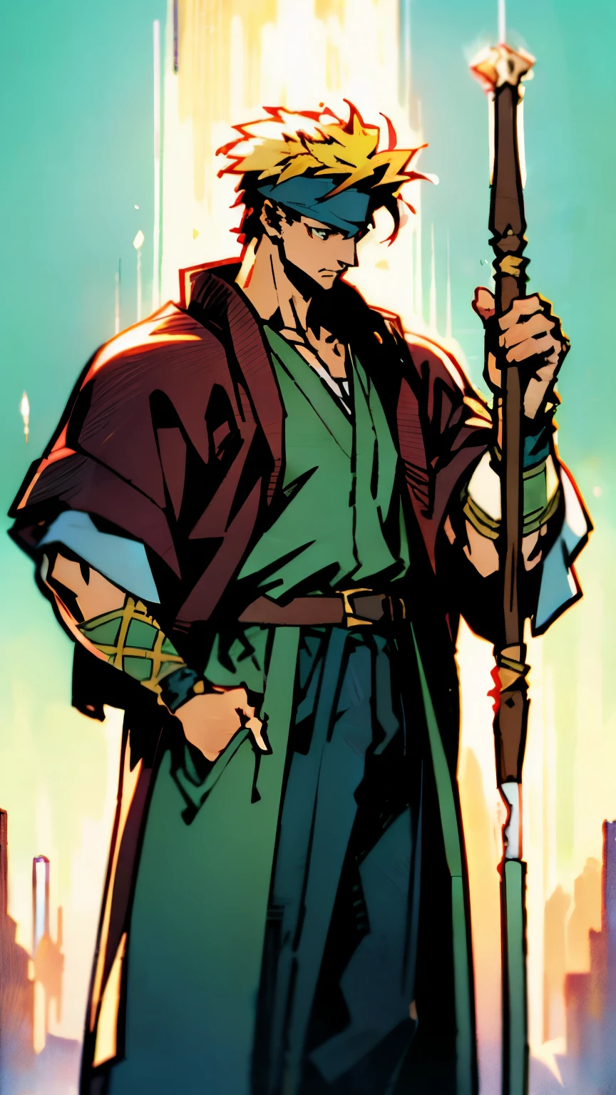 A young man with messy sky-blue short hair, a headband tied around his forehead, handsome face, calm expression, ((a fantasy-style short-sleeved robe coat with a unique half-side design, a green undershirt underneath)), an archer's wrist guard, a cloth belt, coarse cloth trousers, leather boots, overlooking the city from above, this character embodies a finely crafted fantasy-style archer in anime style, exquisite and mature manga art style, high definition, best quality, highres, ultra-detailed, ultra-fine painting, extremely delicate, professional, perfect body proportions, golden ratio, anatomically correct, symmetrical face, extremely detailed eyes and face, high quality eyes, creativity, RAW photo, UHD, 32k, Natural light, cinematic lighting, masterpiece-anatomy-perfect, masterpiece:1.5