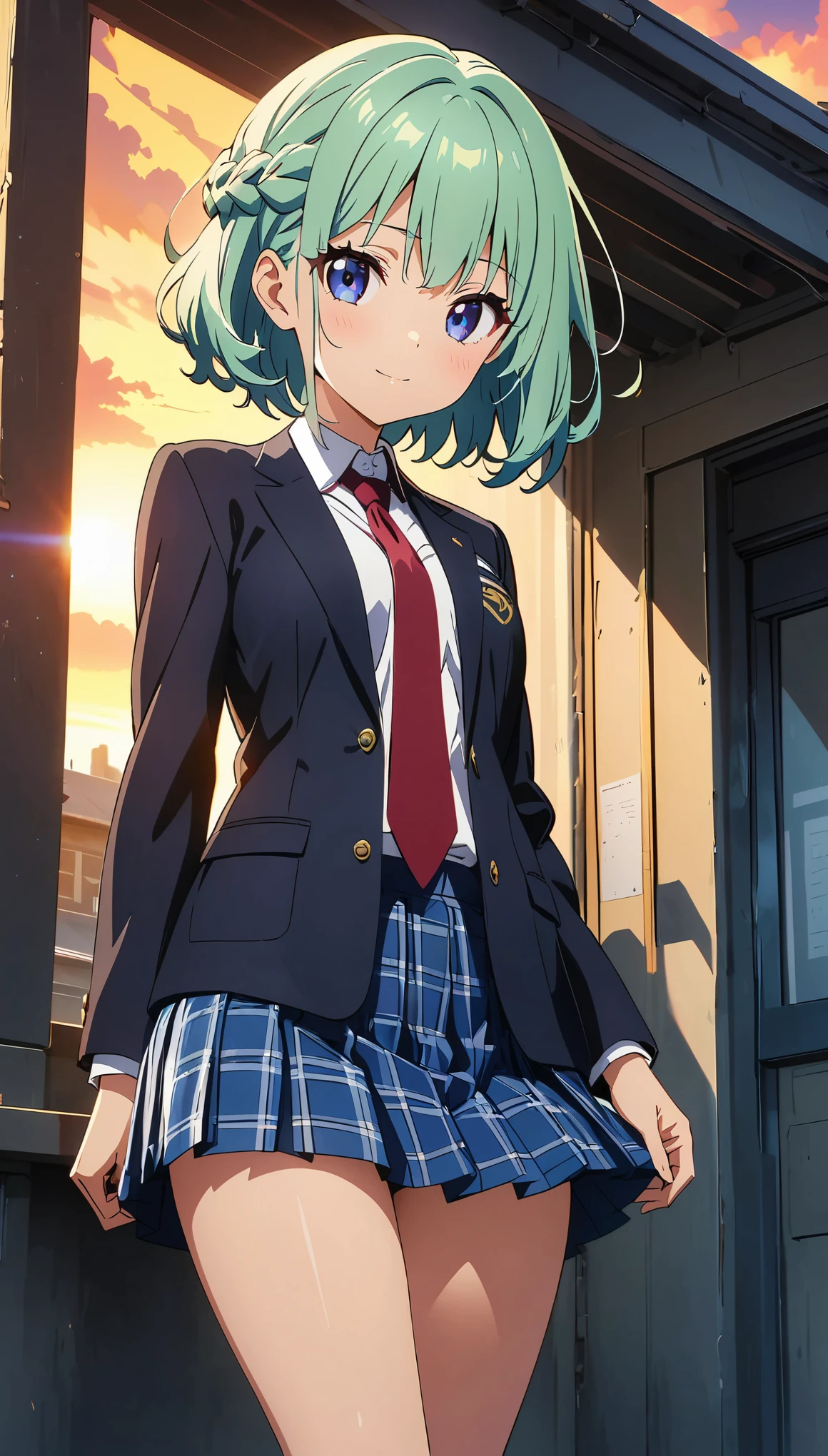 (highest quality:1.2, Anime artwork, Anime Style, Studio Anime, Very detailed, Latest, Vibrant, Anime Coloring, High Contrast, masterpiece:1.2, highest quality, Best aesthetics), Blue plaid pleated skirt:1.5, Red tie:1.5, Black blazer, (私立Schoolの制服), Beautiful thighs, Green Hair, french braid, Perfect body line, Skin with attention to detail, cute, Detailed face, Random Pause, hands behind body, School, Accurate Fingers, evening, Illuminated by the setting sun, Soft lighting,