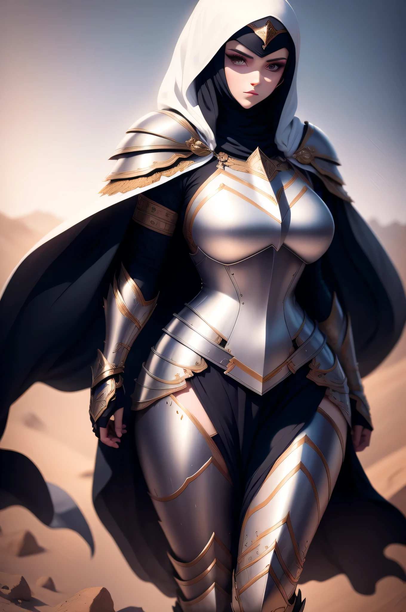 Paladin girl clad in a heavy armor set, her figure concealed by the layered protection. Beneath the armor, she dons a long sleeve white abaya, maintaining her modest attire. A black hijab gracefully covers her head, adding a striking contrast to her fortified appearance.