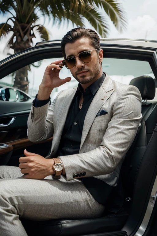 Comece descrevendo o homem rico. Ele deve ser retratado com roupas elegantes, like a well-fitting suit and maybe even a tie or pocket square. His hair might be impeccably styled and he might be wearing chic sunglasses.
Describe the luxury car the man is sitting in. O carro deve ser descrito com detalhes, como uma carroceria reluzente, aerodynamic lines and alloy wheels. Make sure to mention the make and model of the car to give it an authentic sense of luxury.
O homem rico deve ser retratado como relaxado e confiante. Ele pode estar sentado no banco do motorista, with your hands on the steering wheel or resting relaxedly on the armrest. if possible, add a discreet smile on your face to convey the satisfaction of your wealth.
Ao redor do carro, adicione elementos que reforcem a ideia de riqueza e luxo. Por exemplo, you can describe a scene of a sophisticated street with elegant buildings, tall palm trees or other images that refer to a high-class area.
Use accent colors to emphasize the feeling of opulence. Por exemplo, o carro pode ser prateado ou preto, com um brilho chamativo. You can also add gold or chrome details to highlight the elegance.
Finish the description by highlighting the rich man's power and success. Mencione detalhes sutis, like an expensive watch on your wrist or a high-end cell phone on your lap. This will help reinforce the image of a successful and wealthy man.