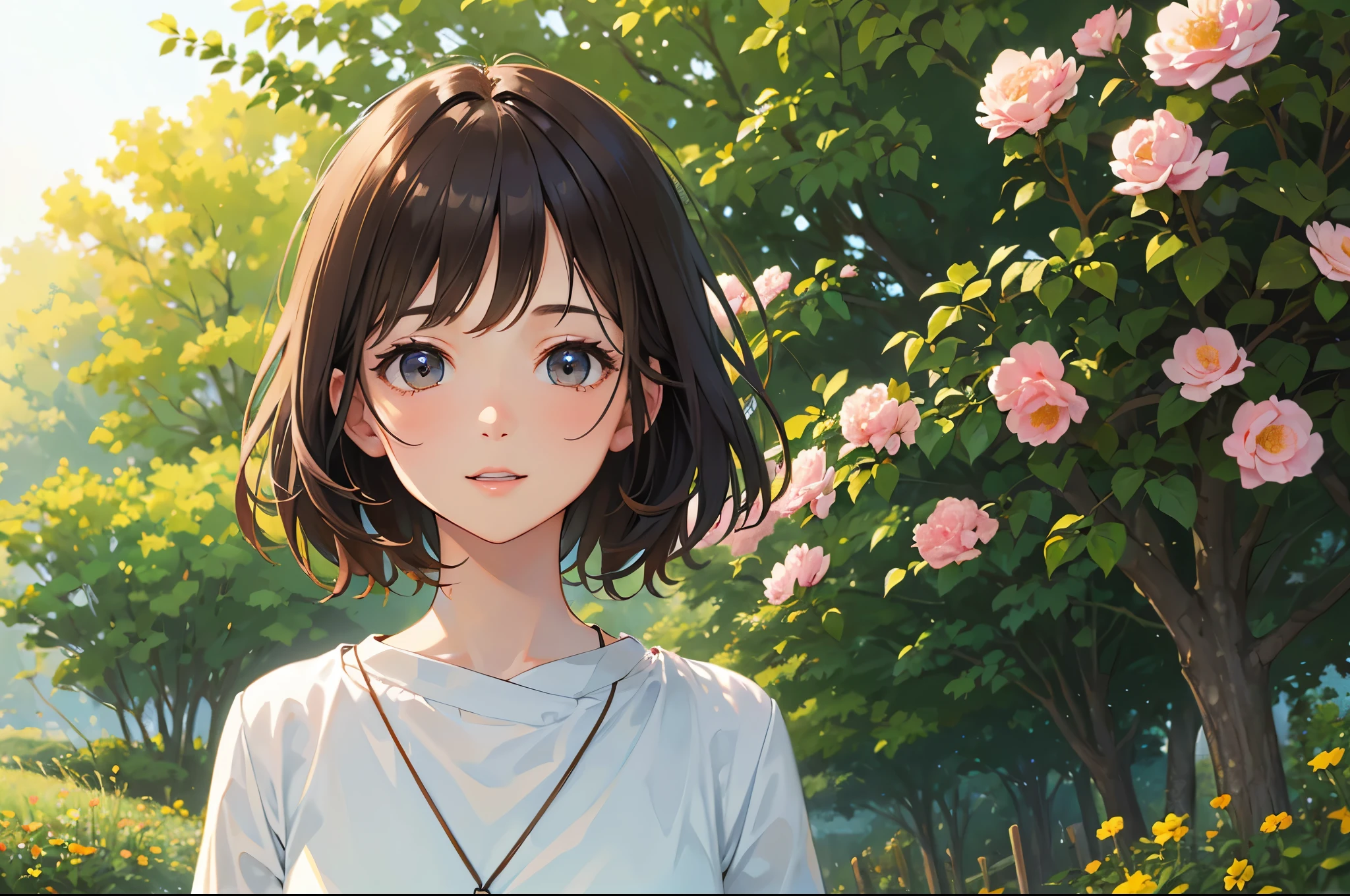 (high quality,realistic),brown short-haired cute girl (realistic:1.1),soft skin,expressive eyes,rosy cheeks,playful smile (realistic:1.1),stylish outfit (fashionable clothes),relaxed pose,bright outdoor (sunny) setting,colorful flowers blooming in the background,natural lighting,wide green garden with tall trees and lush grass,gentle breeze,a butterfly fluttering around,peaceful and joyful atmosphere,realistic portraits (brush strokes:1.1)