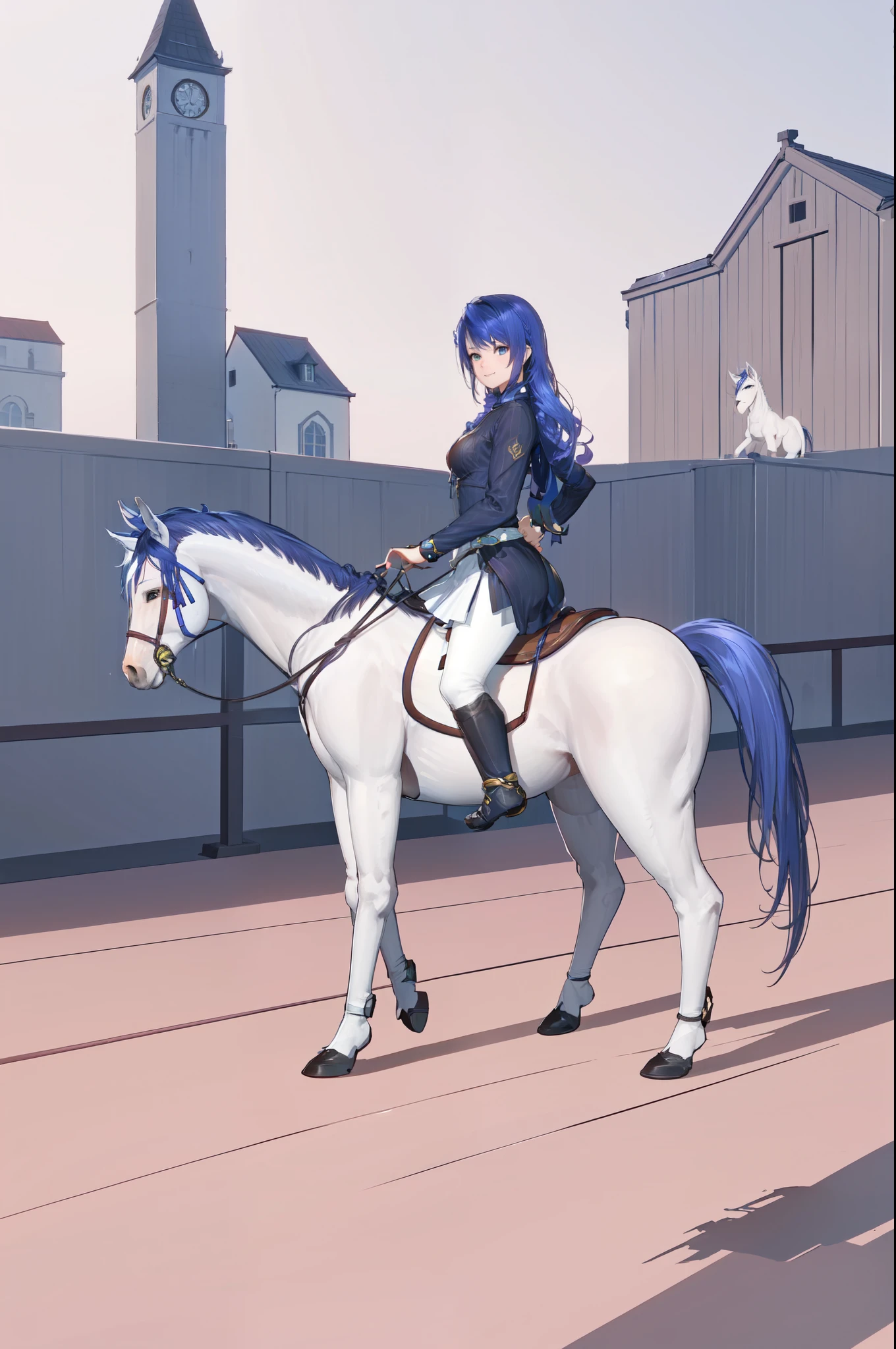 solo, perfect face, cinematic color, female knight, long hair, {blue hair}, blue eyes, grasslands, open field, horseback riding, horse riding, (white horse: 1.0, bridle, saddle, stir ups, reins: 1.2, walking: 1.5), medieval, (blue armor, blue miniskirt, blue boots), smiling, cinematic lighting, high detail, ray tracing, from side: 1.2, Ultra-Wide Angle, 4k, masterpiece, best quality, anatomically correct