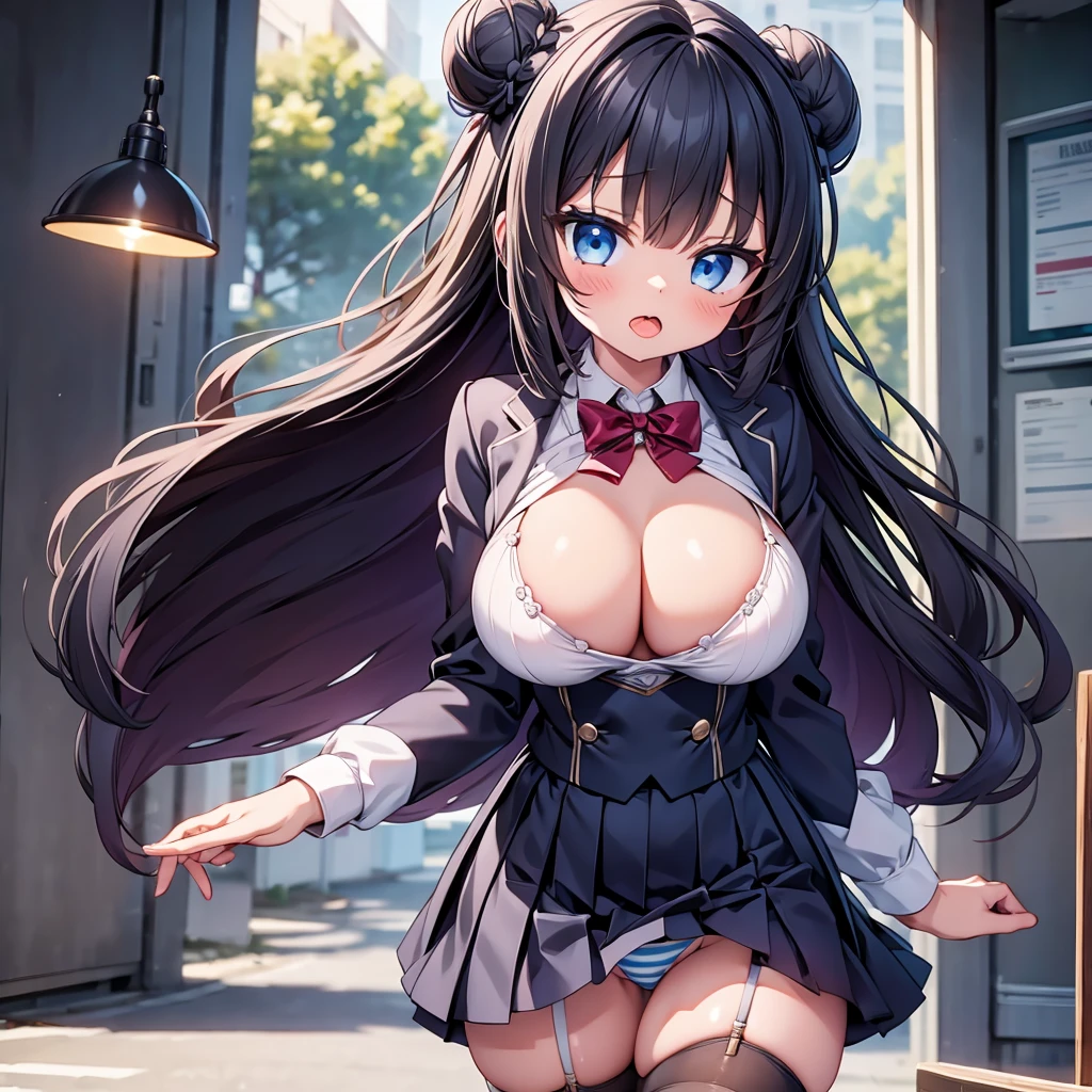 highest quality,wonderful,finely,extremely detailed CG Unity 8K wallpaper, (1 Girl,Black Hair, Blue Eyes,double bun), (gigantic breasts:1.2), (Light blue striped underwear:1.1),(open mouth:1.2), (long tongue:1.2), (mouth drool:1.2),(zettai ryouiki:1.2),(from below),(panti shot)