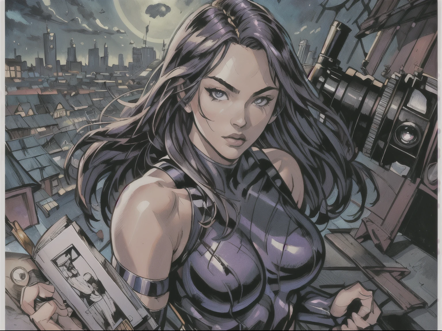 Create a masterful masterpiece book cover of psylocke standing on moonlight roof looking at the ultra-detailed horizon inspired by Drew Struzan,soft lighting, masterpiece, best quality, 8k uhd, dslr, film grain, photorealistic painting Fujifilm XT3, sexy, beautiful