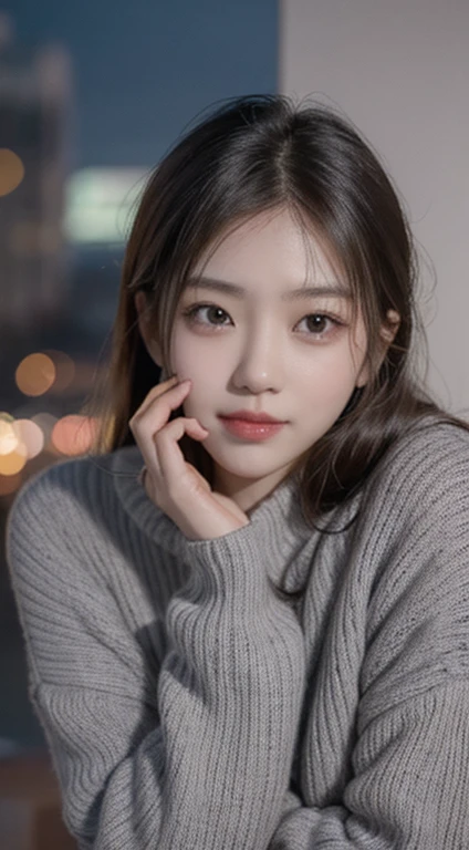 Alafed asian woman in grey sweater posing for photo, Young and adorable Korean face, Soft Portrait Shot 8k, young and cute asian face, Girl cute beautiful face, 8k art germany bokeh, Portrait Cute-beautiful-face, Beautiful Japanese girl face, Portrait Soft Lowlight, Beautiful portrait, Beautiful young Korean woman