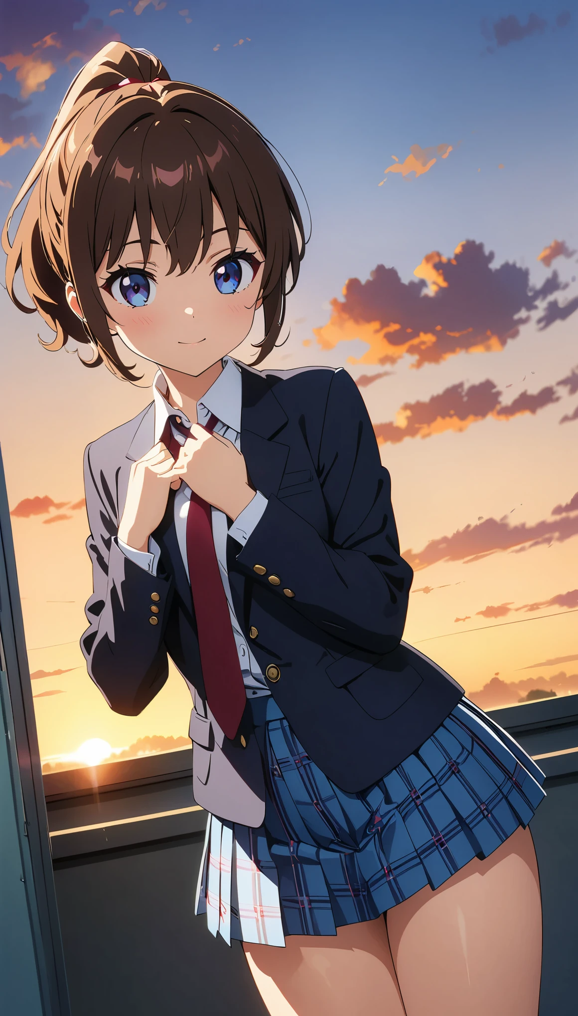 (highest quality:1.2, Anime artwork, Anime Style, Studio Anime, Very detailed, Latest, Vibrant, Anime Coloring, High Contrast, masterpiece:1.2, highest quality, Best aesthetics), Blue plaid pleated skirt:1.5, Red tie:1.5, Black blazer, (Private School Uniforms), Beautiful thighs, Brown Hair, high ponytail, Perfect body line, Skin with attention to detail, cute, Detailed face, Random Pause, hands behind body, School classroom, Accurate Fingers, evening, Illuminated by the setting sun, Soft lighting,