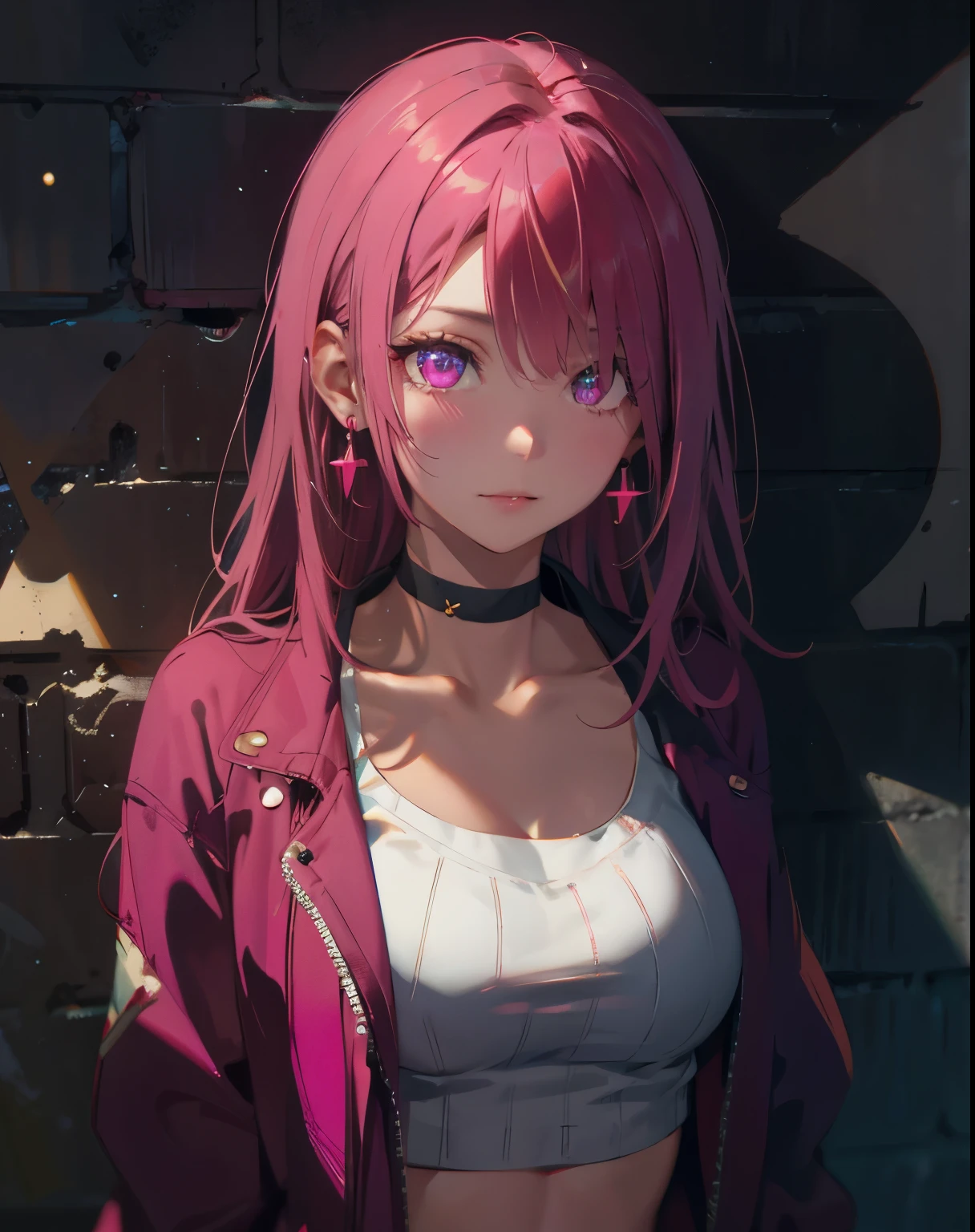 (masterpiece, best quality, 1girl, solo, intricate details, chromatic aberration), realistic, ((medium breath)),long hair, pink hair, red head ornament, pink highlights, hair over one eye,purple eyes, earrings, sharp eyes, choker, neon shirt, open jacket, crop top, (symmetry eyes),(perfect symmetrical body),against wall, brick wall, graffiti, dim lighting, alley ,look at viewer