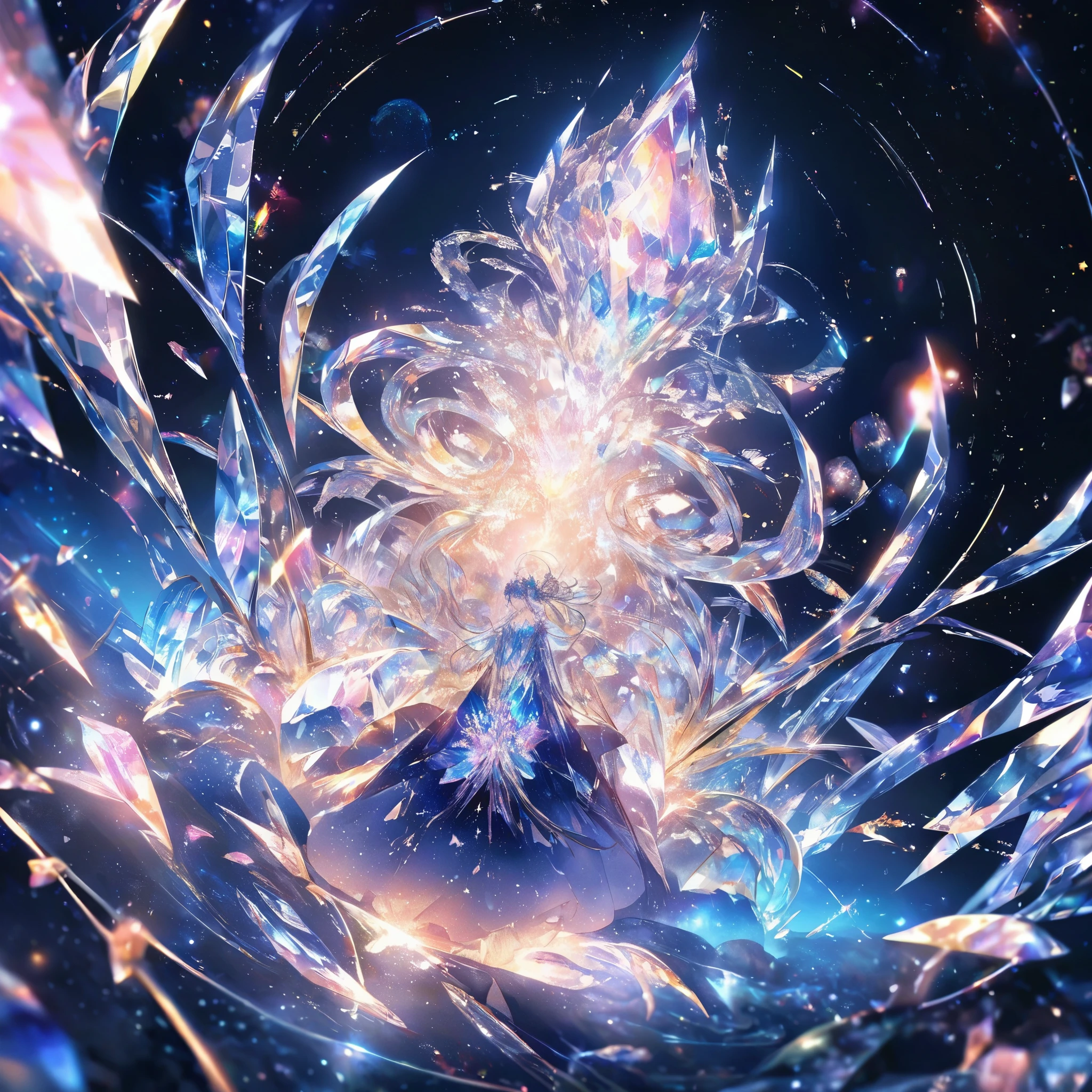 The crystal girl curled up in the center of the picture,Surrounded by space and stardust