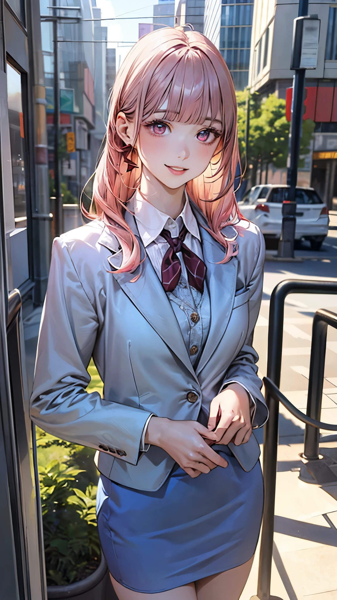 (masterpiece:1.2, top-quality), (realistic, photorealistic:1.4), beautiful illustration, (natural side lighting, movie lighting), ,
beautiful detailed hair, beautiful detailed face, beautiful detailed eyes, beautiful clavicle, beautiful body, beautiful chest, beautiful thigh, beautiful legs, beautiful hands,
looking at viewer, 1 girl, japanese, office lady, 20 years old, perfect face, cute and symmetrical face, shiny skin,
(long hair, straight hair, salmon pink hair), blunt bangs, maroon eyes, slant eyes, big eyes, long eye lasher, (medium breasts, small ass, thin thighs), slender, outstanding style,
(detailed cloth texture, white collared blouse, light purple over-stripe neck ribbon, ((light blue blazer, light blue pencil skirt)),
(beautiful scenery), spring, evening, (downtown), standing, (lovely smile, parted lips),