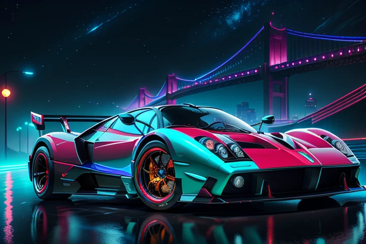 hot wheels toy with a futuristic theme background that looks natural and not edited, centered in the image, Hot Wheels Pagani Zonda, retrowave. bridge road, Red neon lights, (masterpiece,detailed,highres), Pagani Logo, Pagani Teks
