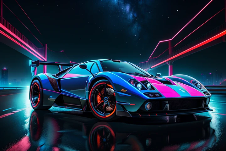 hot wheels toy with a futuristic theme background that looks natural and not edited, centered in the image, Hot Wheels Pagani Zonda, retrowave. bridge road, Red neon lights, (masterpiece,detailed,highres), Pagani Logo, Pagani Teks
