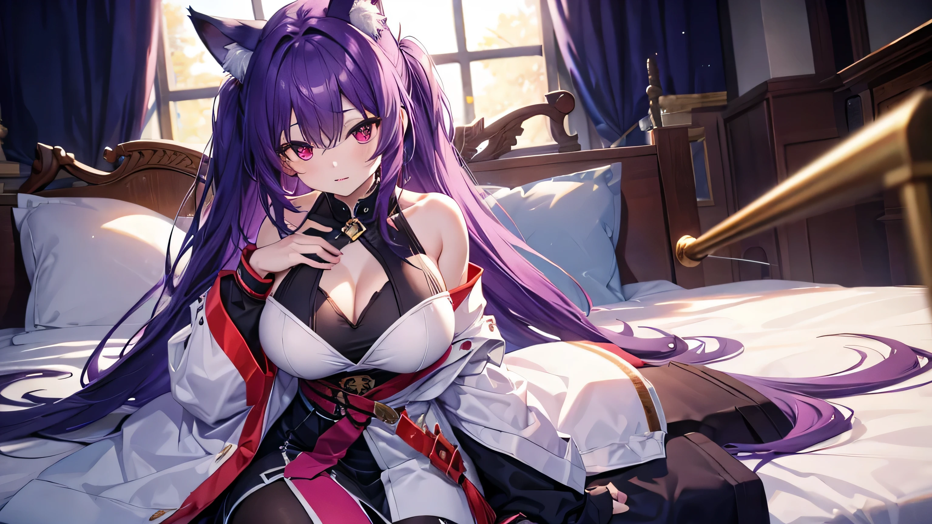 Fox Girl, Large Breasts, voluminous purple hair, masterpiece , Red eyes, hd, Head to Chest, buried in my chest、Underboobs、Double teeth,, On the bed