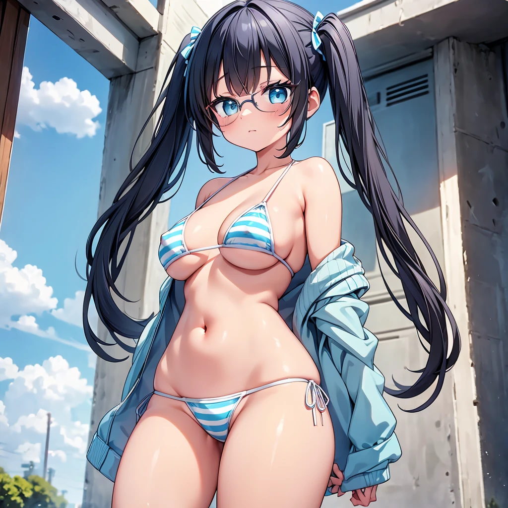 (cute eyes:1.2), (sparkling eyes:1.2),highest quality,wonderful,finely,extremely detailed CG Unity 8K wallpaper, (girl), (Erect nipples:1.2),(From below),(Light blue striped micro bikini:1.4) Black Hair, Glasses, Blue Eyes,Twin tails,()
