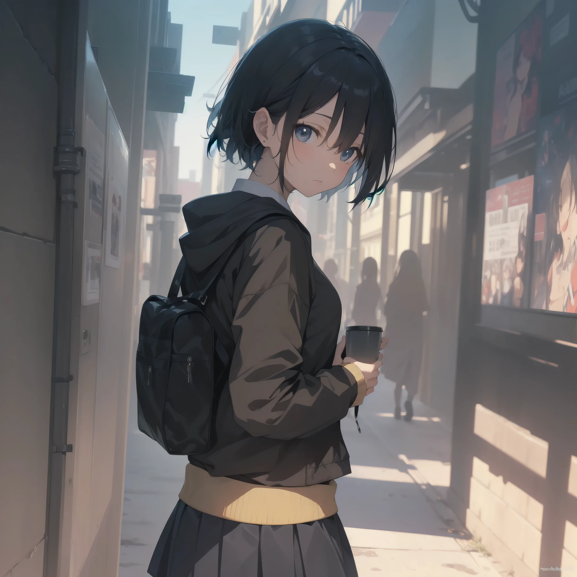 ultra-absurdres-Top quality by artist God, ultra-detailed, high resolution, anime moe artstyle, best anime 8k konachan wallpaper, pixiv contest winner,pool:2810, perfect anatomy,break, 1girl, (Please draw a girl walking sleepily to school alone. )break,(Solo,little female, 13-year-old:1.3),Full limbs, complete fingers,a junior high school student, (very short hair), short cut, flat chest, , small butt, small black eyes, beautiful detailed eyes, well-proportioned iris and pupils, expressive eyes, highres detailed hair, soft expression, school_uniform, official_alternate_costume, pleated skirt,(Detailed Lighting), (Detailed background), in the School commute route. break,super detailed skin, Best cinematic lighting powered by famous artist, 8k,beauty illustration,photoshop_(medium),very aesthetic,break,((artist:ido_(teketeke))), artist:bolze ,artist:oyari_ashito ,artist:kantoku ,