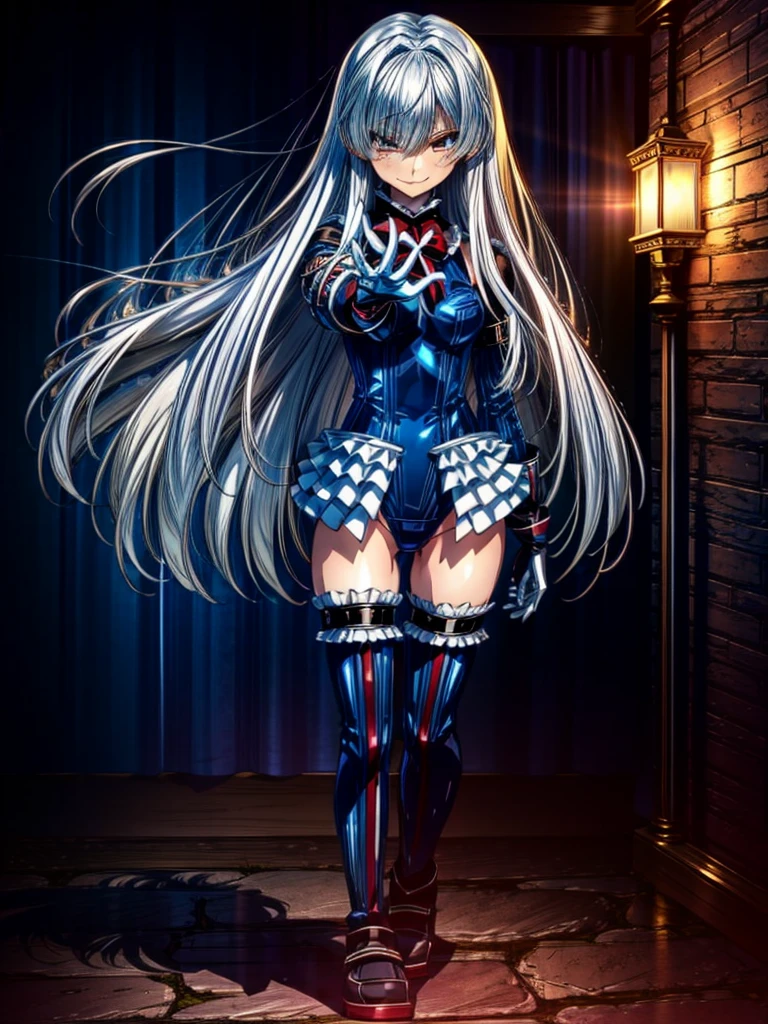 Perfect Anatomy, highest quality, rose,look at me lovingly,Provocative attitude
,(Dimly lit basement:1.1),Wicked Smile,Anime Style,(Frilled swimsuit, Knee socks, Removed sleeve), (Anime Style:1.4) ,
Silver Hair,(White fingers:1.1,Black gloves),Very long hair,Evil Aura,Rape Eye,Full body view