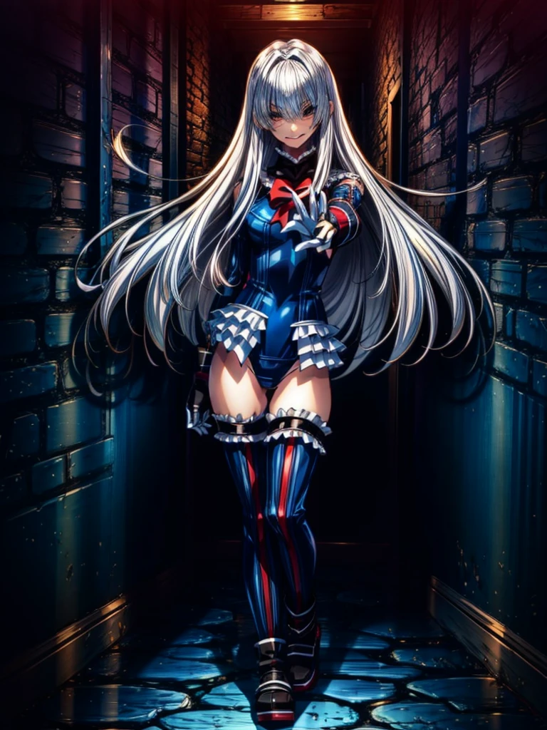 Perfect Anatomy, highest quality, rose,look at me lovingly,Provocative attitude
,(Dimly lit basement:1.1),Wicked Smile,Anime Style,(Frilled swimsuit, Knee socks, Removed sleeve), (Anime Style:1.4) ,
Silver Hair,(White fingers:1.1,Black gloves),Very long hair,Evil Aura,Rape Eye,Full body view