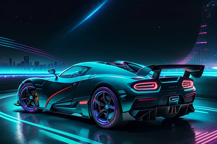 hot wheels toy with a futuristic theme background that looks natural and not edited, centered in the image, Hot Wheels 2020 Koenigsegg Jesko, Torque 2/5 - White, retrowave. road, purple neon lights, (masterpiece,detailed,highres),