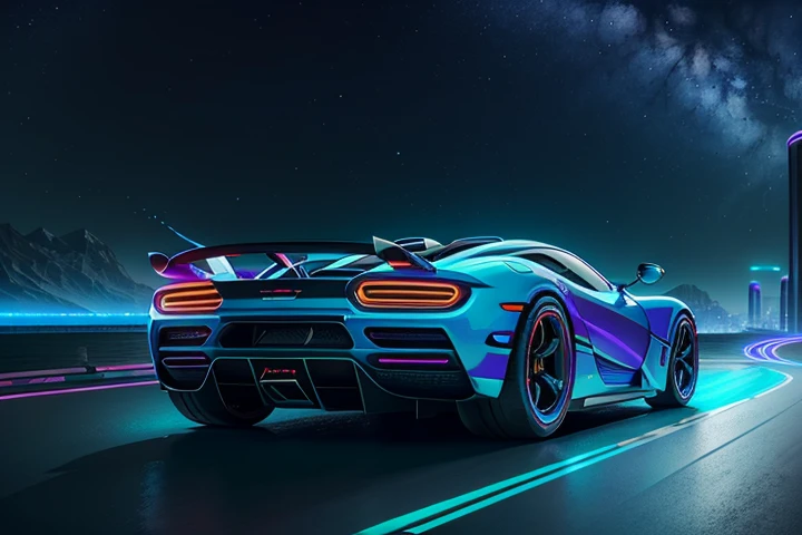 hot wheels toy with a futuristic theme background that looks natural and not edited, centered in the image, Hot Wheels 2020 Koenigsegg Jesko, Torque 2/5 - White, retrowave. road, purple neon lights, (masterpiece,detailed,highres),