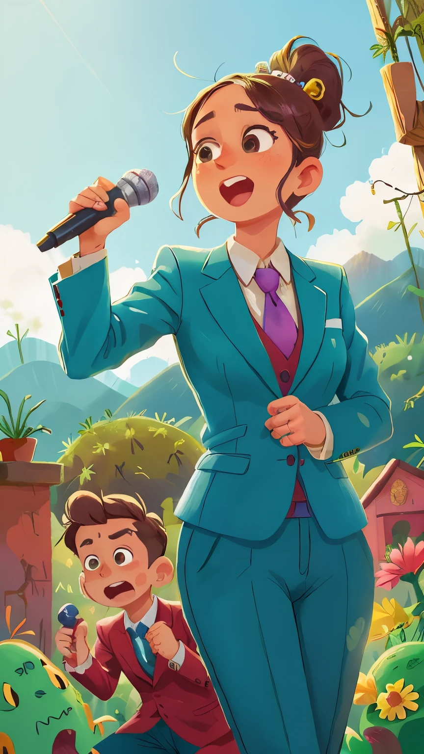 A man and a woman in suits holding a microphone speaking loudly and raising their right arms, al aire libre, cactus y cerros de fondo, feliz, calidad perfecta, enfoque claro (desorden - hogar: 0.8), (Obra maestra: 1.2) (realista: 1.2) (bokeh) (mejor calidad) (Piel detallada: 1.3) (detalles intrincados) (8k) (Detalle ojos) (sharp focus), (feliz)