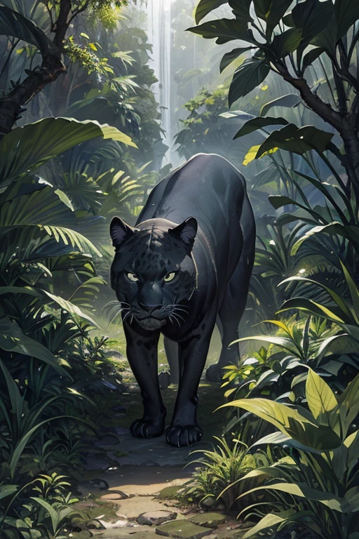 black jaguar lurking in a lush rainforest