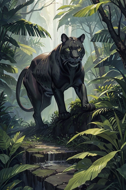 black jaguar lurking in a lush rainforest