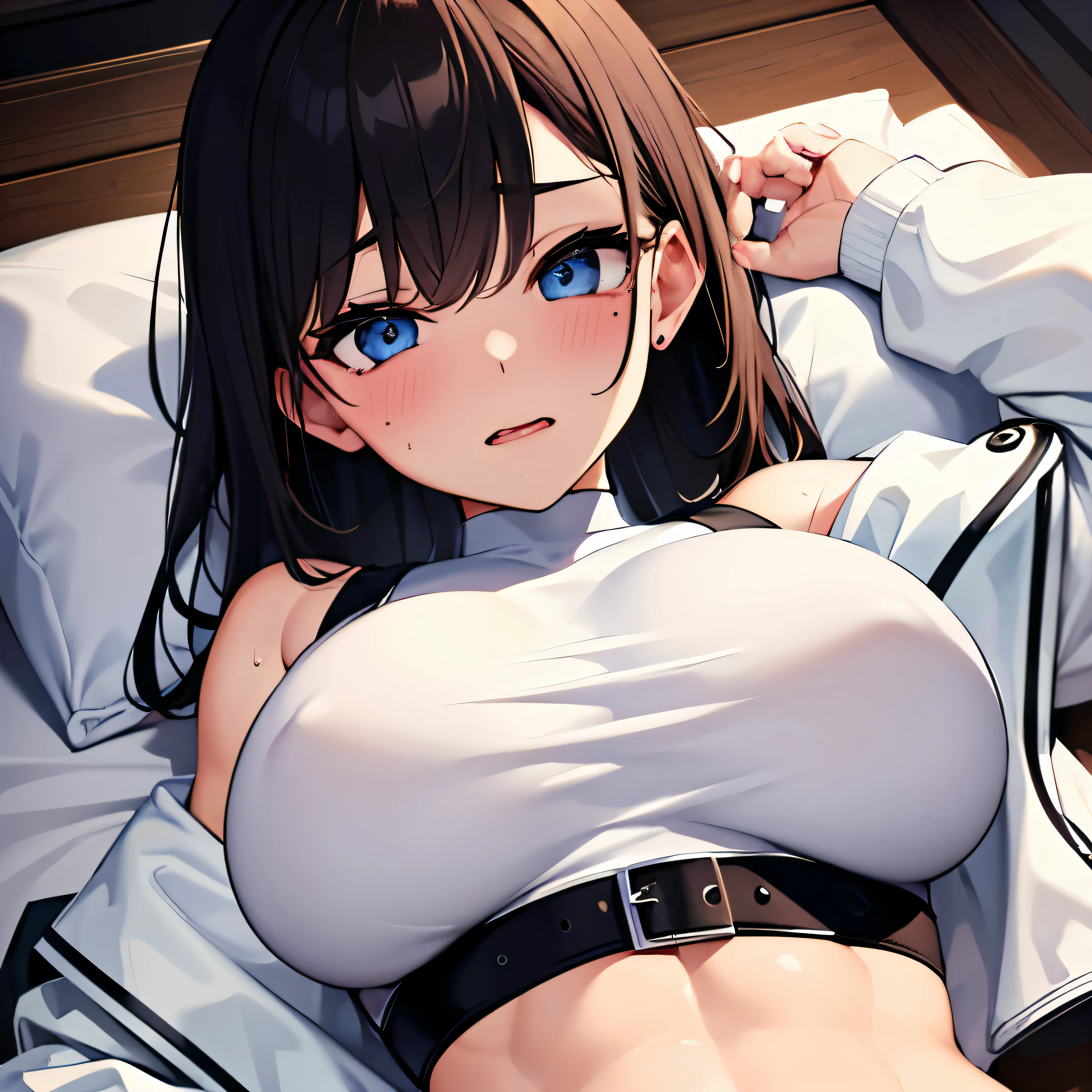 highest quality, 32k, Raw photo, incredibly Abdominal musclesurdres, Very detailed, Delicate texture, (Beautiful and beautiful eyes: 1.2), (overhead), Beautiful Face, One girl,White crop top, leather shorts, oversized leather jacket, Upper Body, Abdominal muscles,Sweat, Ahegao, Roll your eyes, blush, Drooling,body fluid,indoor, night, Sexy mole、Top view,Big Breasts