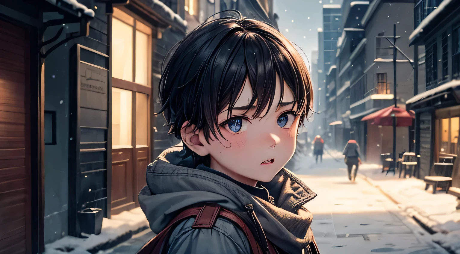 Alley　Dirty appearance　Little Boy　Dirty Face　Shivering from the cold　It&#39;s snowing　The rats are boiling　Detailed facial expression depiction