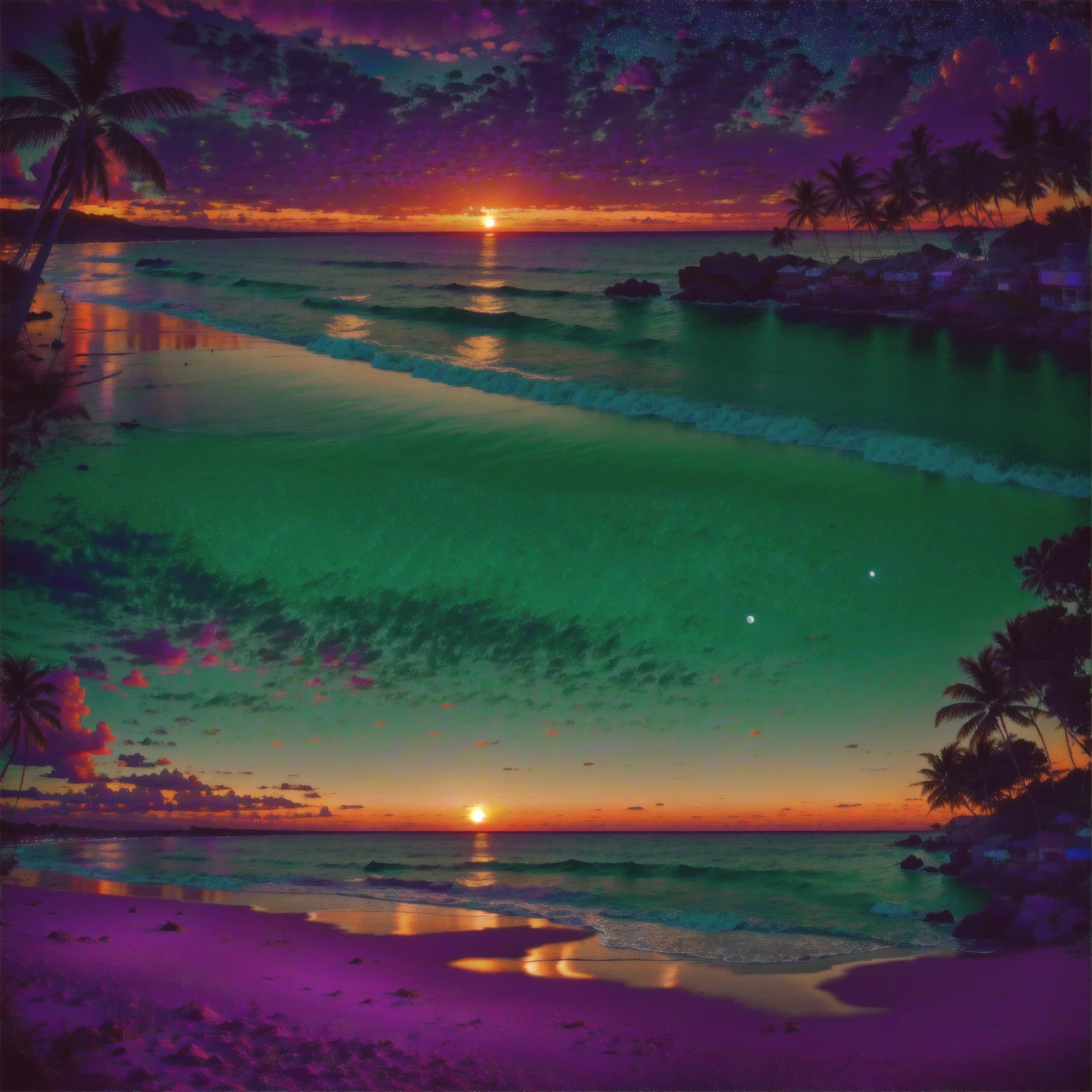 highres, imagination, (realistic), clear skies, composition, sunset, (hdr:1.5), billboards, intricate details. Beautiful beach in the background, the full moon appearing in the background in the right corner. The beach is illuminated by the black light of the moon in contrast to the light of the setting sun.