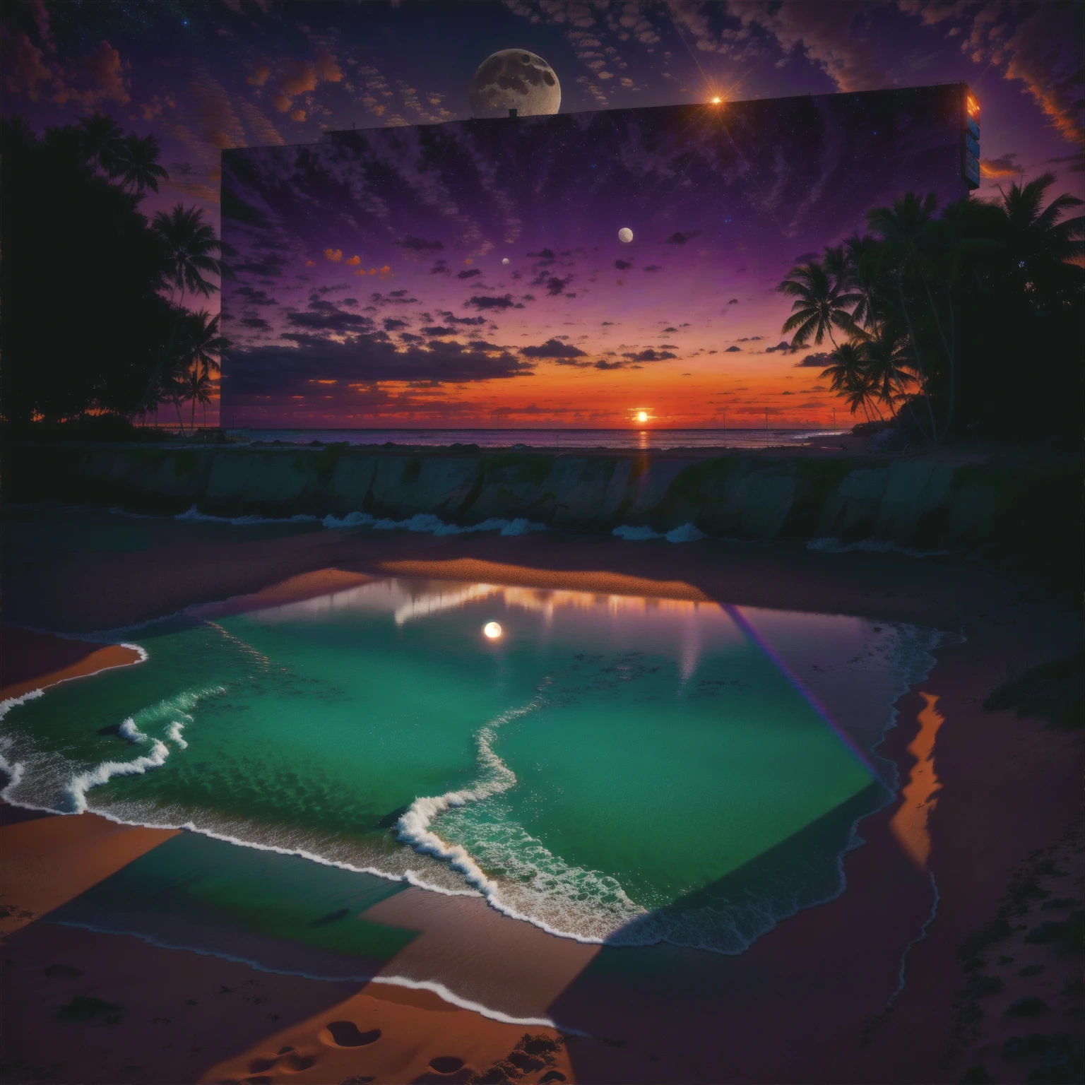 highres, imagination, (realistic), clear skies, composition, sunset, (hdr:1.5), billboards, intricate details. Beautiful beach in the background, the full moon appearing in the background in the right corner. The beach is illuminated by the black light of the moon in contrast to the light of the setting sun.