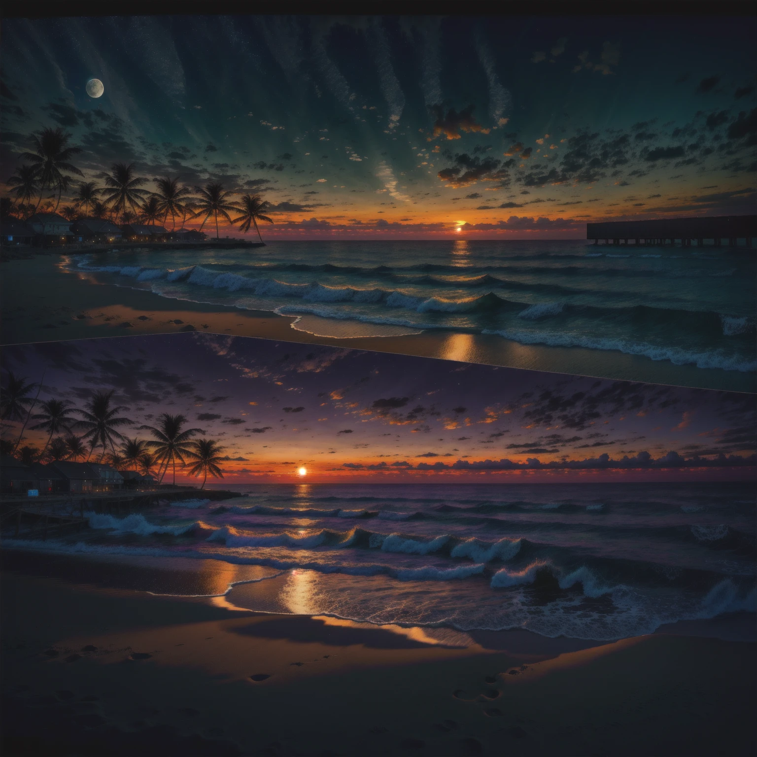 highres, imagination, (realistic), clear skies, composition, sunset, (hdr:1.5), billboards, intricate details. Beautiful beach in the background, the full moon appearing in the background in the right corner. The beach is illuminated by the black light of the moon in contrast to the light of the setting sun.