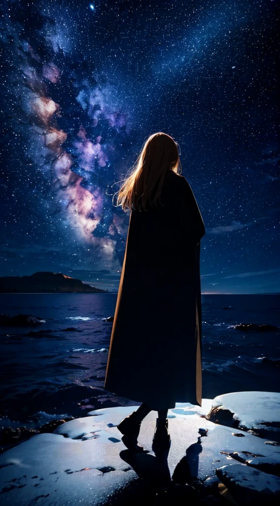 1people々々々々々々々々,Blonde long-haired woman,Long coat, Dress Silhouette, Rear View,Space Sky, The boundary between sea and space,Beach,