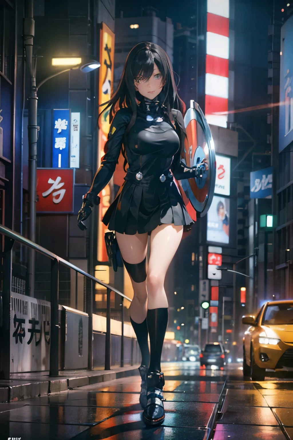 NSFW, reika\(gantz\), reika\(shortsuit\), gundam\(rx78\), ultra high res, best quality, photo, 4k, (photorealistic:1.4), 1girl, solo, (full body:1.4), black hair, beautiful face, beautiful eyes, in the night city, tokyo (city), running, mecha armor, depth of field, motion lines, short skirt, tight shirt, looking at viewer, upper body, weapon, shield,