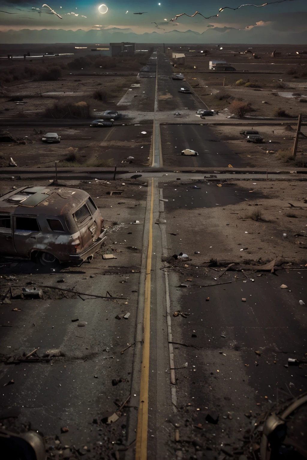 (Best quality, Ultra-detailed: 1.1), Post-apocalyptic aerial image, abandoned highway, (desolate: 1.2), (overgrown: 1.3) with abandoned cars, (moonlit: 1.5) night, (cracked asphalt: 1.2), (rusty metal: 1.3), (broken glass: 0.8), (ghostly: 0.5) atmosphere, (sharp focus: 1.1) on abandoned cars, (shadowy: 0.9) landscape, (gritty texture: 1.2), photorealistic, (high contrast
