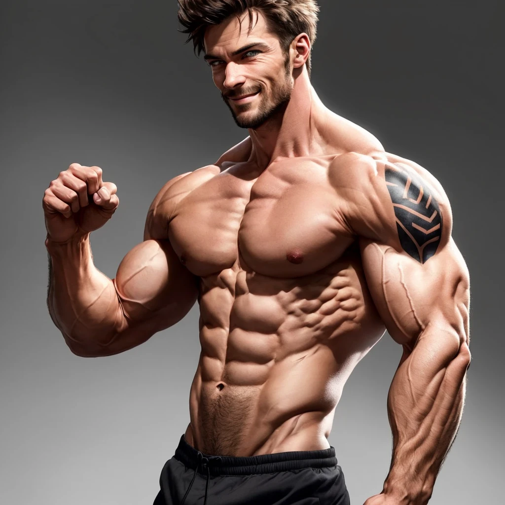 Create a captivating visual representation of a man exuding quiet strength and intelligence. With a lean, toned physique, his musculature showcases a 5/10 strength level. His piercing eyes, always observant, reflect a 7/10 perception ability. His resilience, demonstrated through scars and callouses, indicates a 6/10 endurance level. Charisma emanates from him through his warm, engaging smile, scoring a 7/10. The depth of his thought processes and problem-solving skills rank him an impressive 8/10 in intelligence. His limber agility, seen in the quickness of his movements and the ease of his