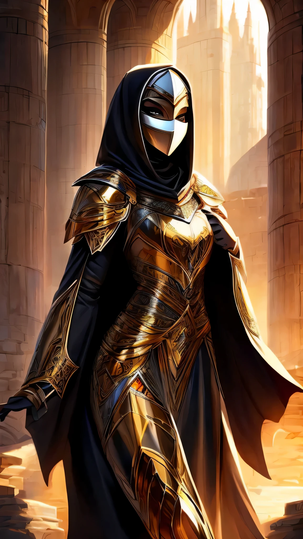 Paladin girl clad in a heavy armor set, her figure concealed by the layered protection. Beneath the armor, she dons a long sleeve white abaya, maintaining her modest attire. A black hijab gracefully covers her head, adding a striking contrast to her fortified appearance.