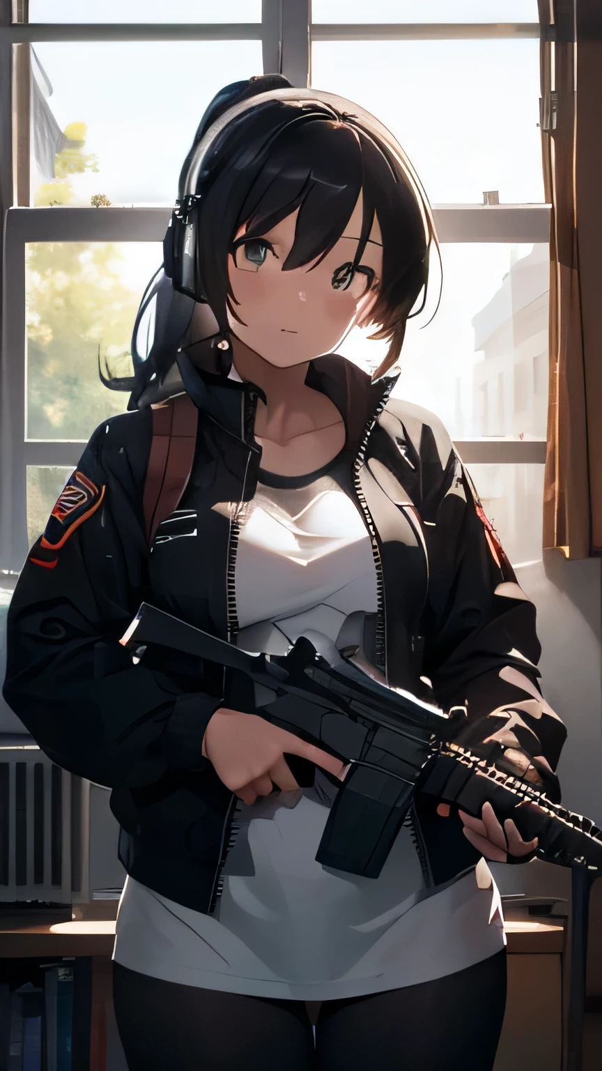 ((top-quality, ultra-definition, high resolution)), (high quality), m4a1, (Best illustration), ((beautiful fingers)), small breasts, ((holding rifle)), ((holding gun)) gun, ruins, headphone, Military jacket, muscular, black hair, ponytail, brawny, toned, ripped, buff, wiry, abs, strong, athletic, curvy (weight1.9), crepuscular rays,