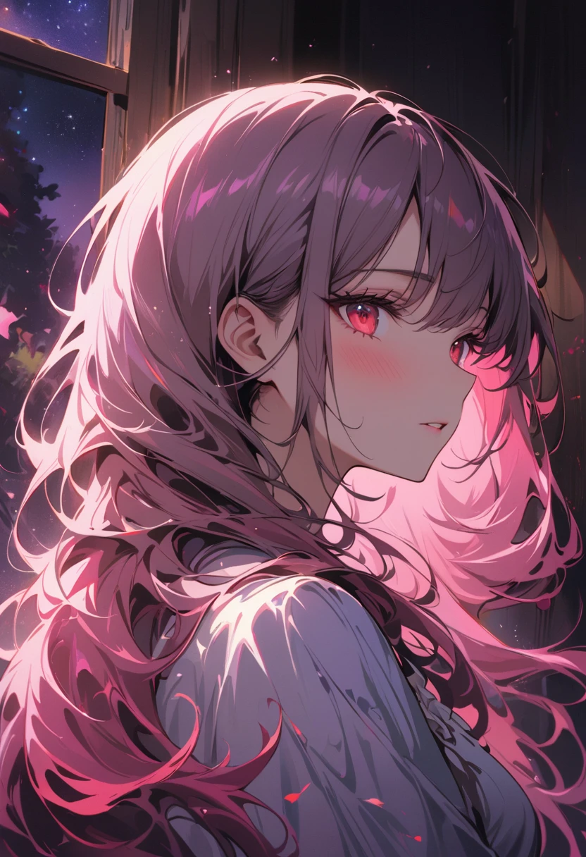 (best quality, masterpiece:1.2), 1 Girl, large red eyes,Pink long hair,White Dress,Purple Devil&#39;s Tail, blush,Gaze at the stars outside the window, Movie-level lighting effects, Particle light effects, portrait, Ethereal colors, surreal atmosphere, Delicate brushstrokes, Dreamlike scenery