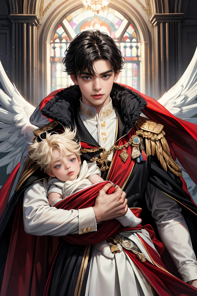 
masterpiece, 最high quality, high quality, 1 boy, alone, Male focus, Watching the audience,  Messy black hair, blue adorable big eyes, White, Noble, Noble, Beautiful angel、A very big, very big, very big, very long, long red and black cape made with a lot of fabric that reaches all the way down to the floor, ************,cute beautiful boy,cute cute handsome boy