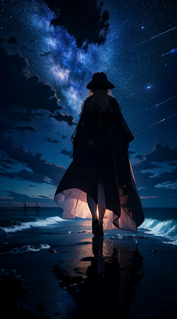 1people々々々々々々々,Blonde long-haired woman,Long coat, Dress Silhouette, Rear View,Space Sky, The boundary between the sea and space,