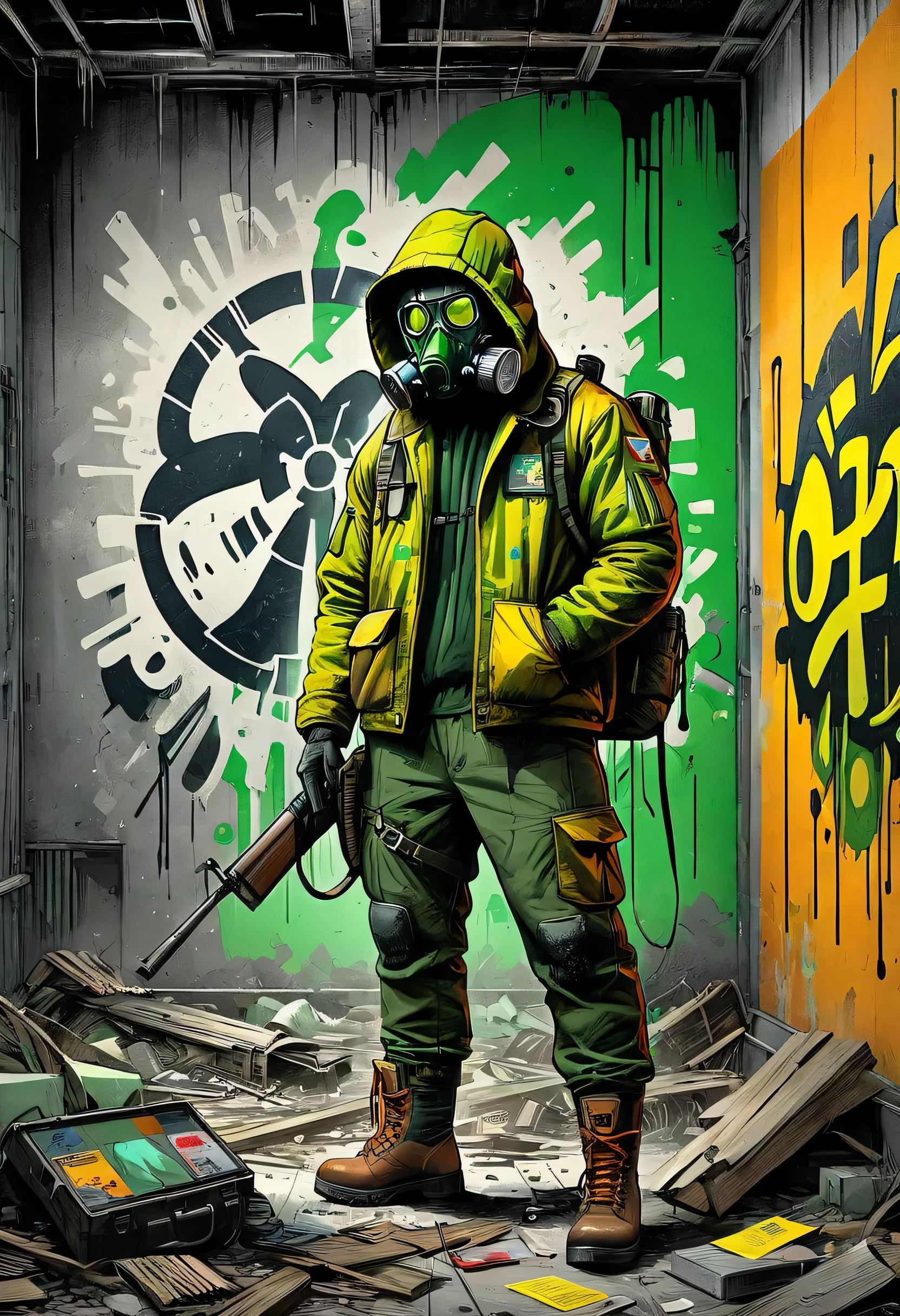 ((post apocalyptic Wasteland, lugar abandonado, escombros, destruction, edificios destruidos graffiti en las paredes:1.5)), ((Chernobyl, mutantes, ropa hecha jirones con capucha y armas, dynamic pose, epic:1.6)), ((fondo oscuro, noche de luna llena:1.4)), (Obra maestra),(mejor calidad:1.4), (Ultra high resolution:1.4), pintura detallada, (((Colores oscuros, naranja, verde, amarillo, intrincado:1.5) ), (( post apocalyptic:1.4 )), (( mejor calidad, vibrante, 32K, luces y sombras bien definidas sin texto:1.3).