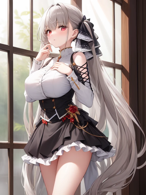 (masterpiece, Best quality1.2),illustration,8k,HD,1 Girl,Solitary,hands up,(portrait:1.2),long_hair,Large target_breast,Red_Eye,Very_long_hair,Bangs,Double tail,ribbon,grey_hair,cleveage,hair_ribbon,Two-color_ribbon,between_breast,Black_skirt,skirt,decorate,only_Shoulder,Frilly_skirt,long_sleeve,Two-color_skirt,jewelry,earrings,indoors