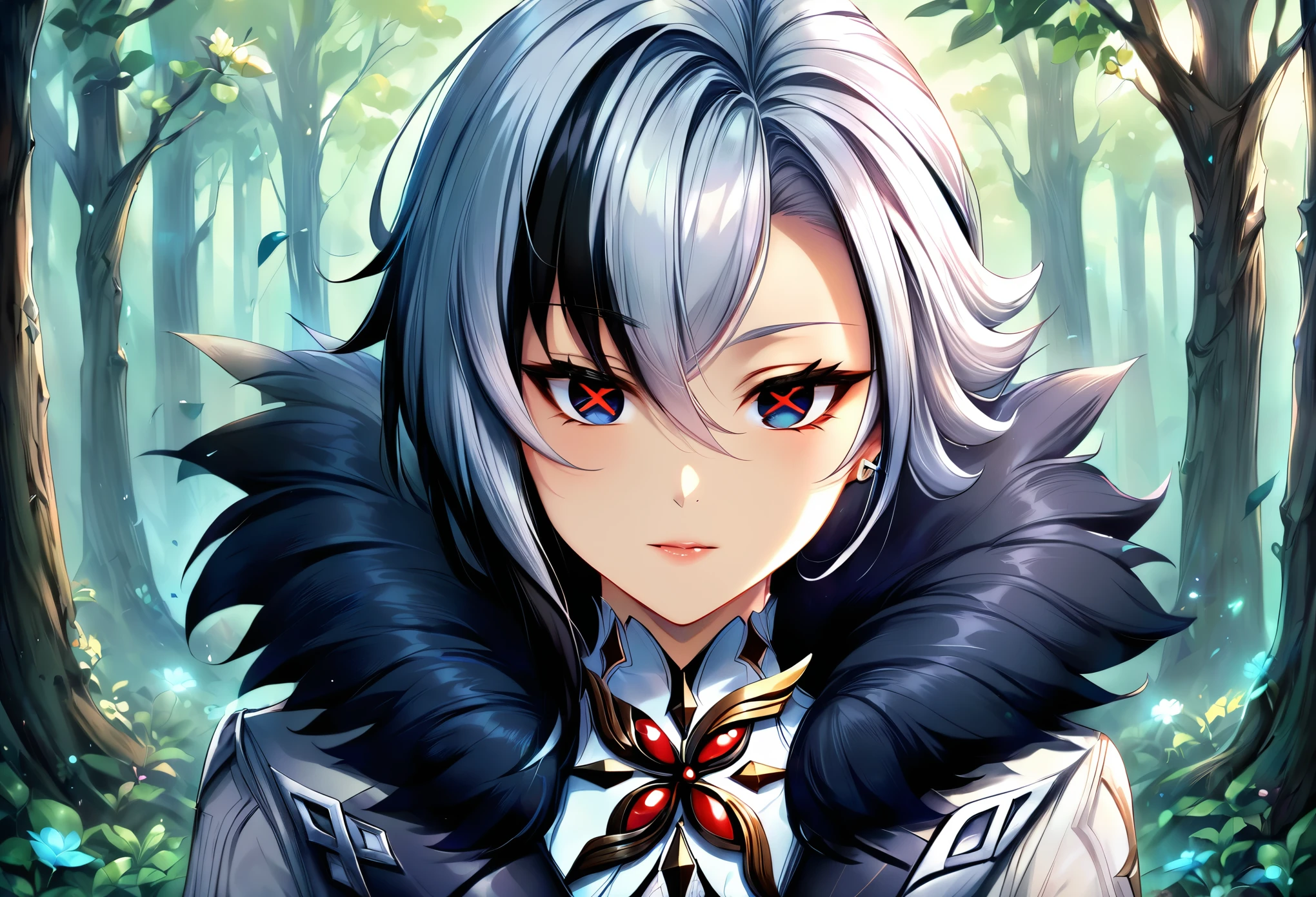 1girl, x-shaped_pupils, arlecchino_\(genshin_impact\), fur_collar, looking_at_viewer, forest, 