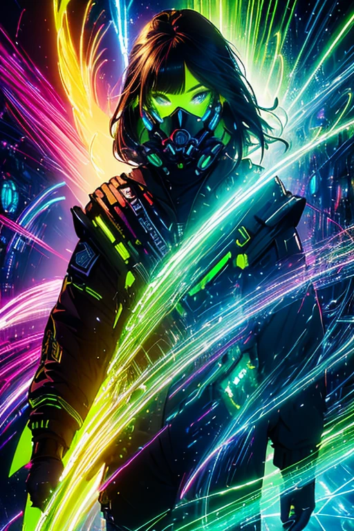 (masterpiece, top quality, best quality, official art, Man, aesthetic, light painting, dynamic streaks, vibrant colors,captivating patterns, creative experimentation, luminous trails,
1girl, mask, black hair, green and Black outfit,
global illumination, extreme detailed,(science fiction:1.3),colorful,highest detailed,cinematic light,(cowboy shot:1.2),