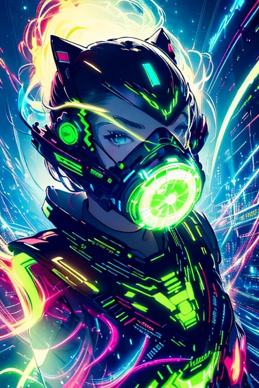 (masterpiece, top quality, best quality, official art, Man, aesthetic, light painting, dynamic streaks, vibrant colors,captivating patterns, creative experimentation, luminous trails,
1girl, mask, black hair, green and Black outfit,
global illumination, extreme detailed,(science fiction:1.3),colorful,highest detailed,cinematic light,(cowboy shot:1.2),