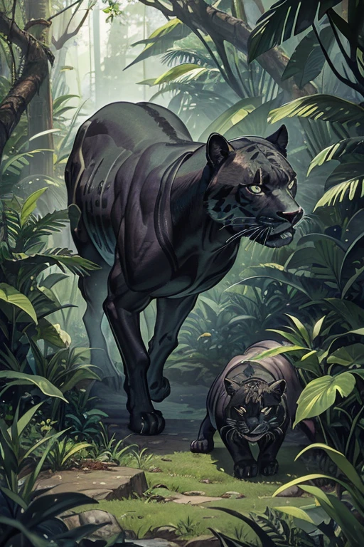 muscular black jaguar lurking in a lush rainforest