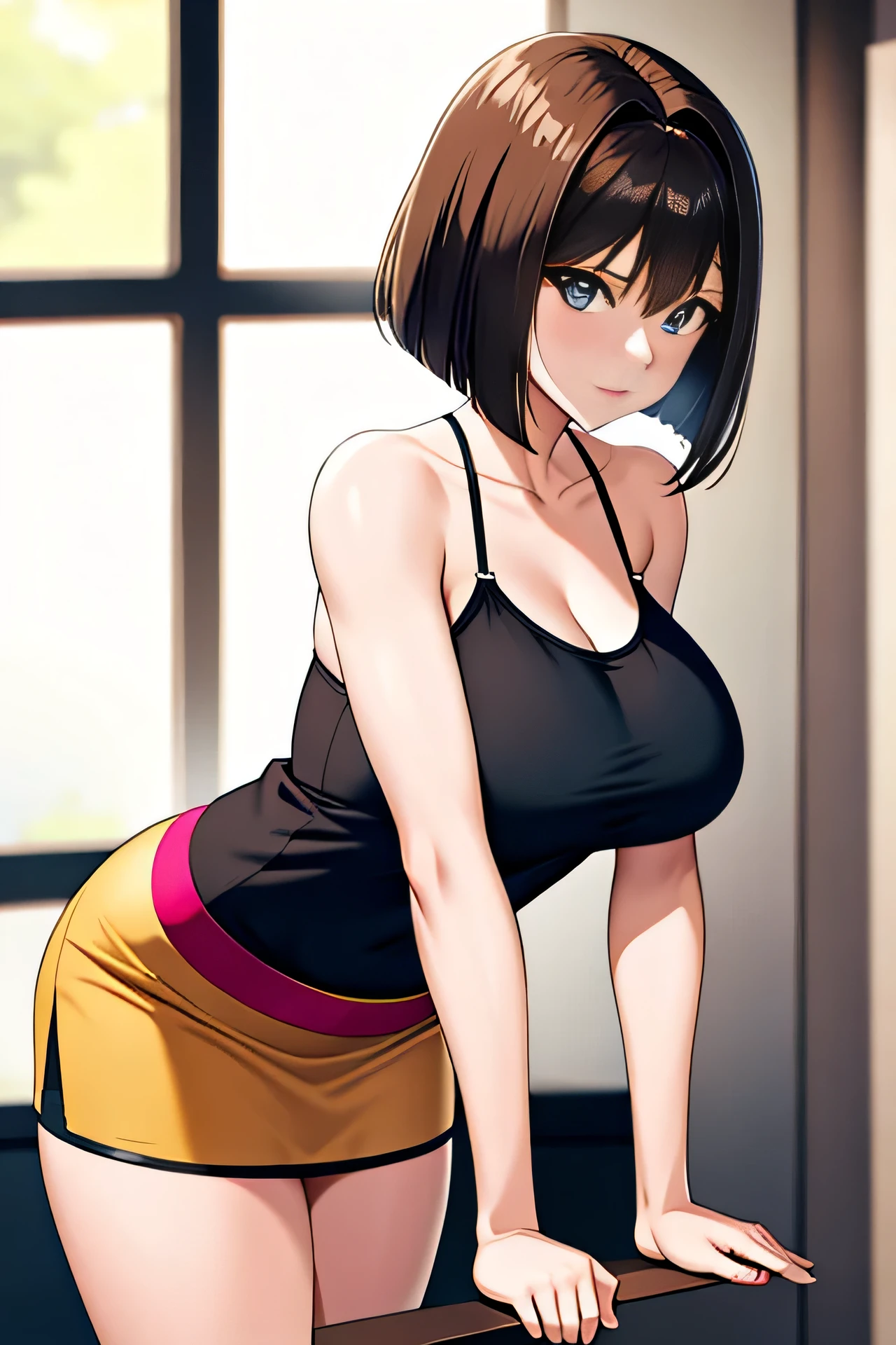 Close-up of a woman with short brown hair, blue eyed woman, Bobcut, classic women, Big Breasts, A woman with very large breasts, Made by Anime Artist Studio, , clothing:Black camisole, Women Romance, Anime Style, Muscular Woman, Feminine and muscular, Tall Woman, High school girls, Adult sex appeal, wore a tight skirt, Are standing, camisole with an black, Anime dick!!!!, Bare shoulders, Bare Arms, looking at viewer, Cowboy Shot,