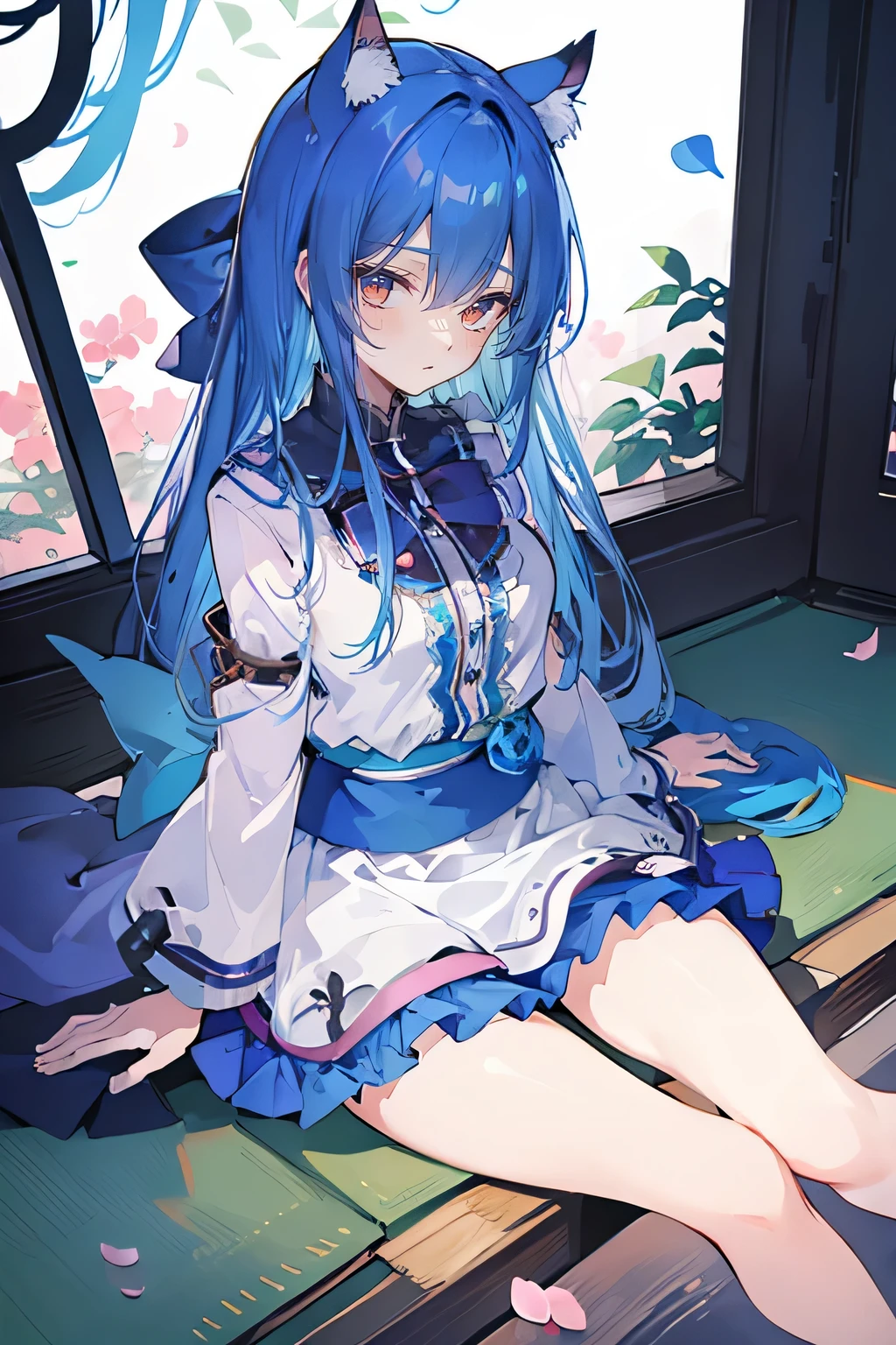(masterpiece:1.2),ultra-detailed,realistic,expressive eyes,fair-skinned,perfectly shaped face,1girl,
Japanese cartoons,Gorgeous blue hair, flowing blue hair,floating clothes,cat ears,petals falling,beautiful Lola,Hina Angel,
hands on waist,gracefully sitting on the ground,legs crossed,gentle and serene background,cool and comfortable pavilion.
