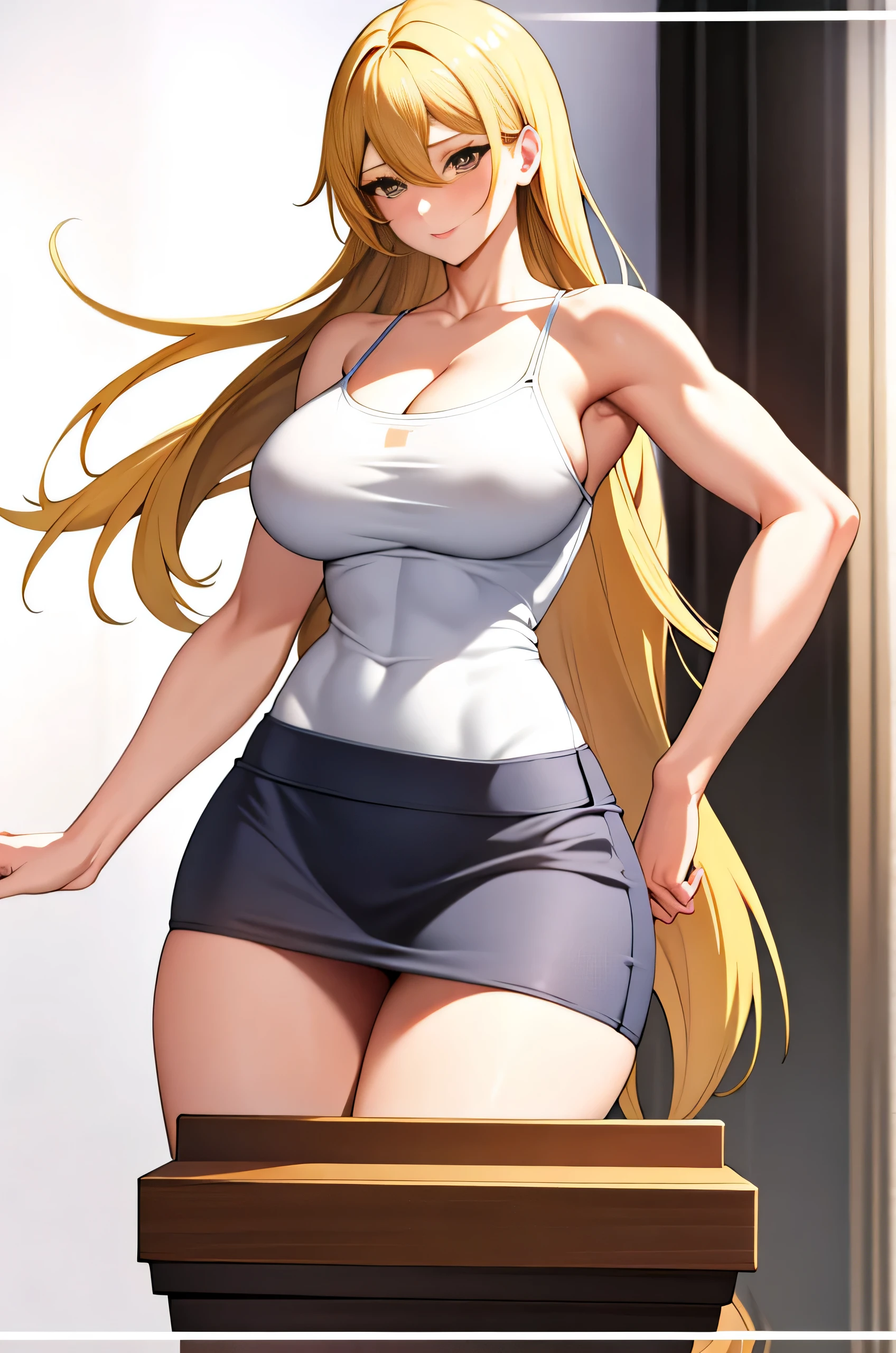 Close-up of a woman with long blonde hair, Brown eyed woman, classic women, Big Breasts, A woman with very large breasts, Made by Anime Artist Studio, , clothing:White camisole, Women Romance, Anime Style, Muscular Woman, Feminine and muscular, Tall Woman, camisole with an white, High school girls, Adult sex appeal, wore a tight skirt, Are standing, Anime dick!!!!, Bare shoulders, Bare Arms, looking at viewer, Cowboy Shot,