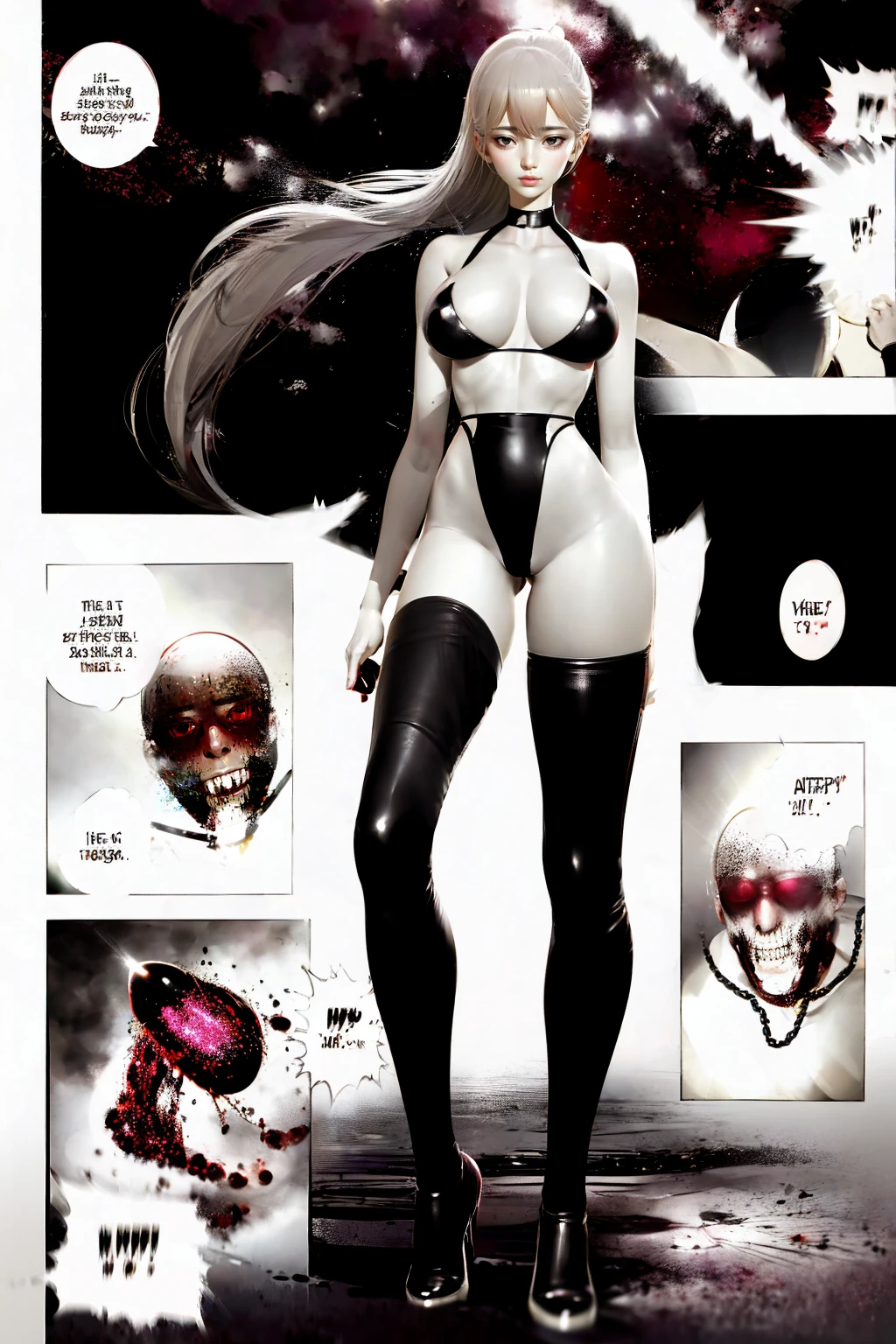 comic storyboard,realistic,3d,Unreal Engine 5,skin texture,anatomically correct,1 beautiful korean lady in a sexy leotard and sexy leggings,solo,legging chain, holding hiny, with a smile, skewering many sausages with metal sticks and drenched with white cream, front view, fullbody, ((Best quality)), ((Masterpiece)), ((Realistic)),UHD,rich background, film shooting, depth of field, Super visual, touch of supernatural horror, insanely terrifying masterpiece,Pink cave, flowing white sticky lotion, flowing down in strands,,body glow,Glowing Line,fluorescence,Glow Example,Tracking example,flash, Backlight,translucent,light particles,Strange schizophrenic imagery fills the room, showing an eerie blood-red starry sky pattern and the walls are liquid